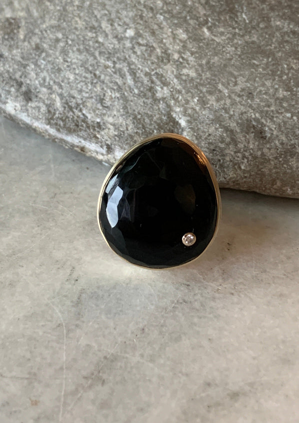 Jamie Joseph Hand faceted Large Black Onyx Ring w/.03 diamond